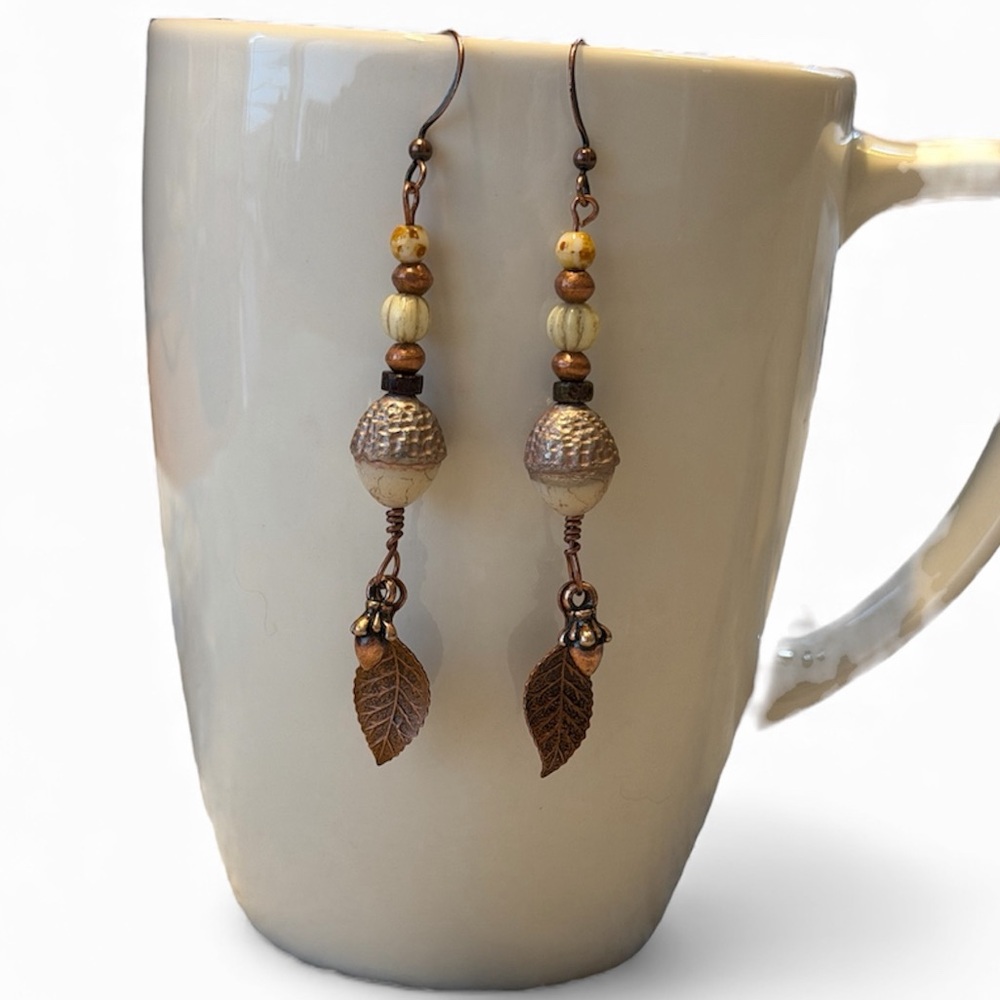 Handcrafted Elegant Copper Leaf Acorn Dangle Earrings - Picture 7 of 11